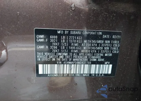 2021 Subaru Ascent Limited from USA, damaged, VIN 4S4WMAPD8M3437788